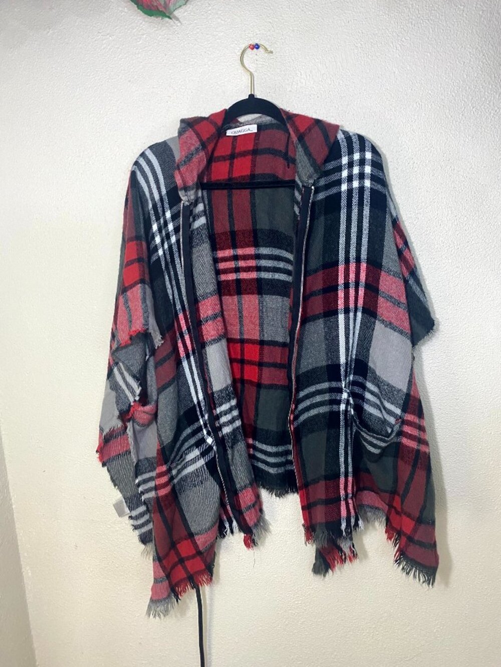 Plaid Hooded Zip Poncho Cape Red Black Gray Check Quagga Frayed Hem One Size